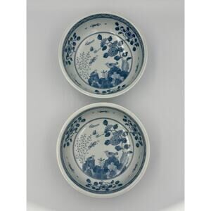 Blue & White Porcelain Bowls Set of 2 Japanese Style Bird & Floral 7.5”